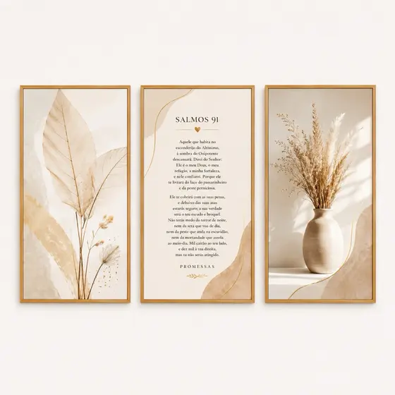 Kit 3 Quadros Decorativos Salmos 91 Bege e Dourado Minimalista