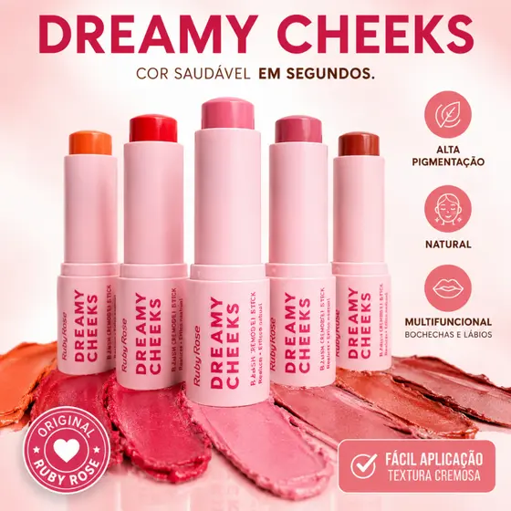 Blush Stick Cremoso Ruby Rose Dreamy Cheeks 6,57g Bastão Alta Pigmentação Efeito Natural