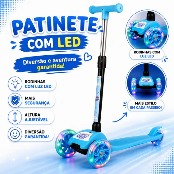Patinete Dobrável Azul Infantil C/3 Rodas Com Led - Castela
