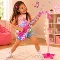 Brinquedo Guitarra Musical Com Luz e Som Microfone Pedestal Instrumento Divertido - Castela