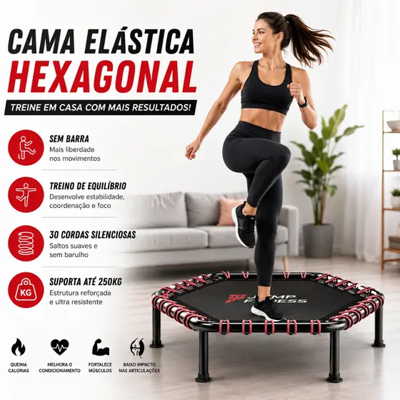 Cama Elástica Hexagonal Sem Barra Jump Fitness 30 Cordas Silenciosa Treino de Equilíbrio Suporta 250kg
