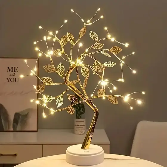 Luminaria Arvore LED Folhas Dourada para Casa Decoração do Quarto Iluminação de Mesa de Cabeceira
