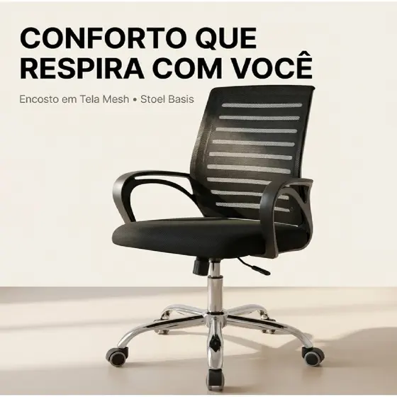 Cadeira de Escritório Stoel Basis Home Office Ergonômica Tela Mesh Giratória Preta com Encosto