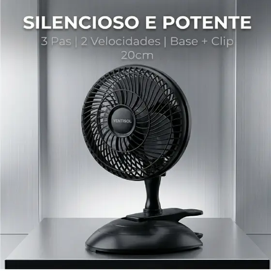 Mini Ventilador Pessoal Silencioso e Potente 220v ou 110v Ventisol 20cm 3 Pás Preto Clip Portátil De Mesa