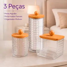 Organizador 3 Peças Tampa Bambu Com Porta Algodão Porta Cotonete