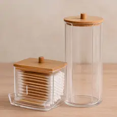 Organizador Algodão E Cotonetes Acrílico Tampa Bambu Kit