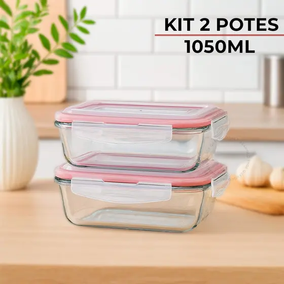 Conjunto 2 Potes de Vidro 1050ml 4 Travas Marmita Hermético