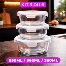 Conjunto 3 ou 6 Potes de Vidro Herméticos Redondo 850ML 560ML 360ML Kit Microondas e Freezer