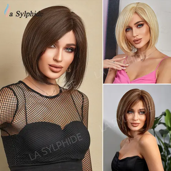 Peruca feminina de cabelo curto castanho dourado com risca lateral, aparência natural, feita de fibra sintética importad