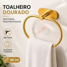Toalheiro Redondo Dourado Minimalista Para Banheiro Sem Furadeira