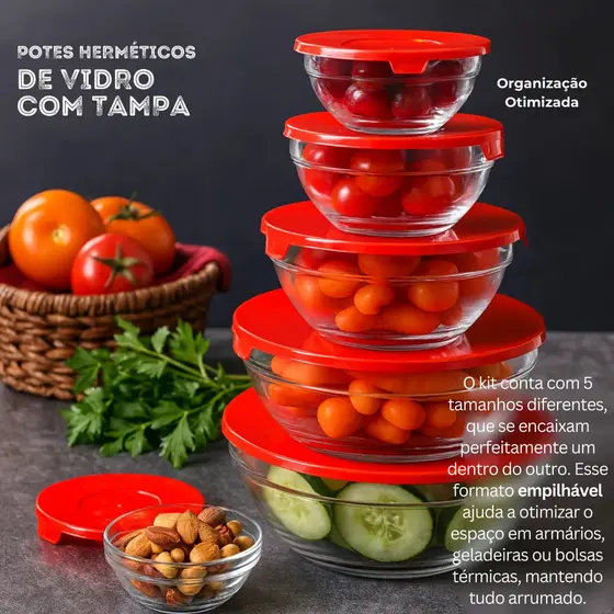 Conjunto Kit 5 Potes De Vidro Com Tampa Para Marmita Fitness