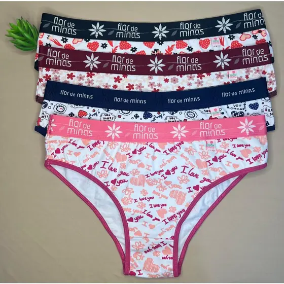 Kit 6 Peças Calcinha Tangão Feminina Cotton Elástico Exposto Estampada