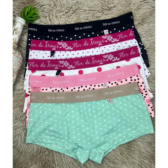 Kit 6 Peças Shortinho Box FemininoPoliamida Calcinha Conforto Estampas Sortidas