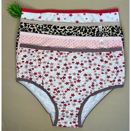 Kit 6 Peças Calcinha Calçola Feminina Plus Size Cotton Cós Alto Bico Estampada