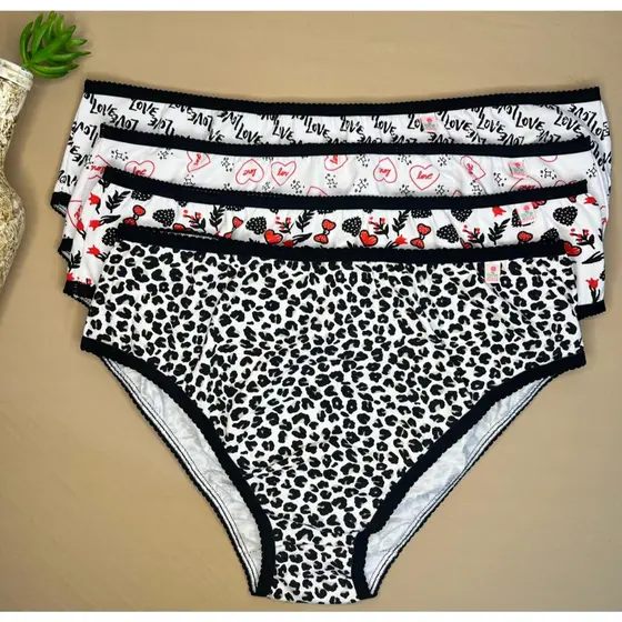 Kit 6 Peças Calcinha Calçola Plus Size Cotton Cós Alto Bico Feminina Estampadas