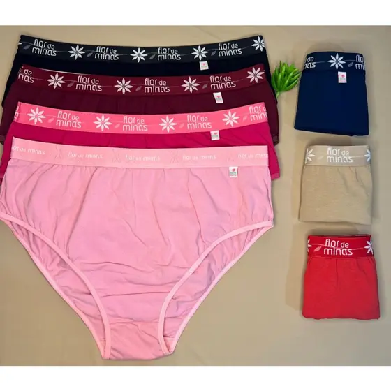 Kit 6 Peças Calcinha Lisa Tangão Plus Size Cotton Elástico Exposto Cós Alto Feminino