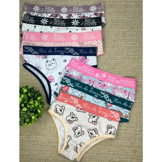 Kit 6 Peças Calcinha Infantil Feminina Cotton Elástico Exposto Cintura Estampada