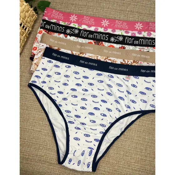Kit 6 Peças Calcinha Tanga Calçola Feminina Cós Alto Plus Size Estampas Sortidas Poliamida