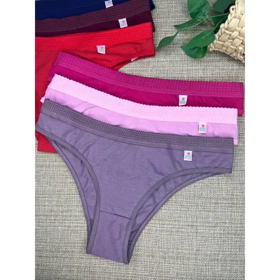 Kit 6 Peças Tanga Feminina Calcinha Cotton Elástico Babado Conforto Cores Lisas