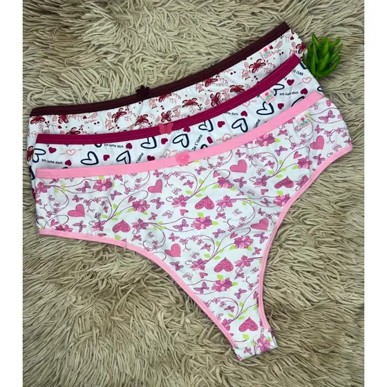 Kit 6 Peças Calcinha Cotton Plus Size Fio dental Fio Duplo Adulto Estampas sortidas