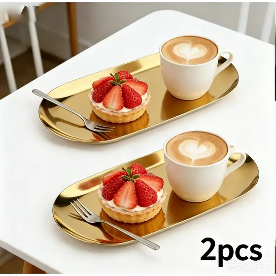Kit 2 Bandeja Aco Inoxidavel Luxo Decorativa para Jóias Alimentos Dourado