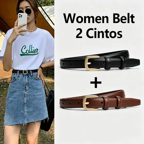 Kit 2 Cinto elegante e fino em couro genuíno, estilo feminino, fivela de liga metálica, versátil.