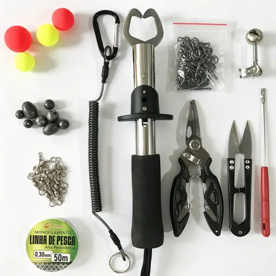 Kit 139 Peças Ferramentas de Pesca Alicate Multifuncional+Pegador de Peixe com Corda Anti‑Queda,Anzóis,Chumbadas,Tesoura