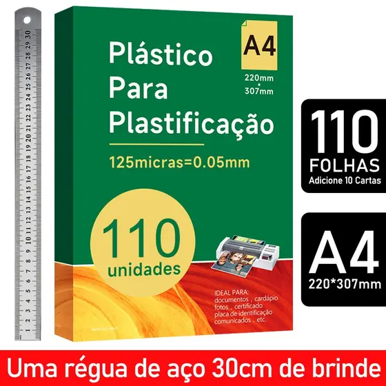 plástico para plastificação a4 220x307 110 Folhas Polaseal + Inclui Uma Régua de Aço 30cm