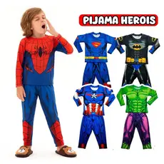 Pijama Infantil Heróis Manga Longa Fantasia para Bebê Pijama Fresquinho Hulk Fantasia infantil Pijama bebê 2 peças