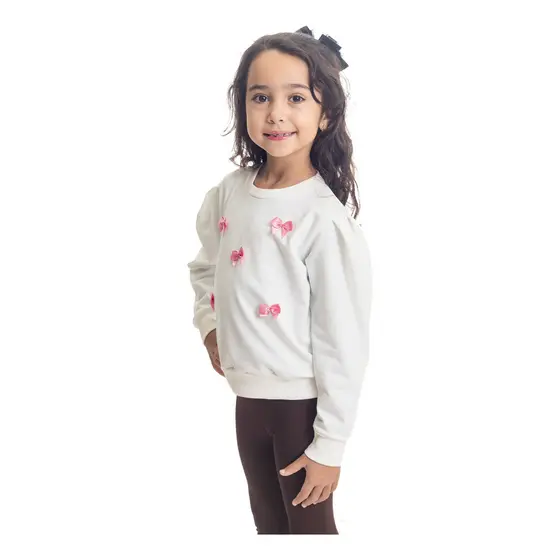 Casaco Infantil Moletom Off White Com Laço Rosa