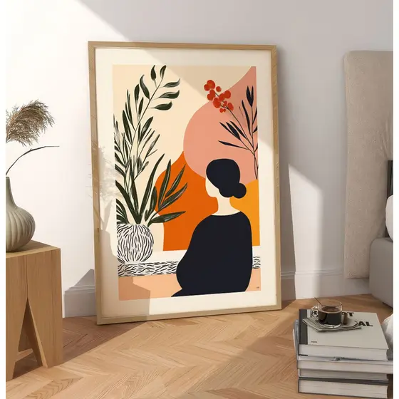 Quadro Folhagem Abstrato Feminino Quadro Decorativo Sala Com Moldura Grande Mulher Vaso De Plantas