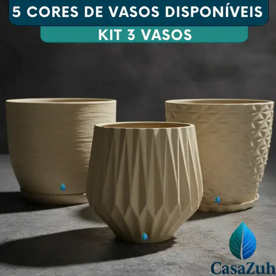 Kit 3 Vaso Planta Flores Com Prato Decoracao 20cm Moderno Luxo Polietileno Resistente