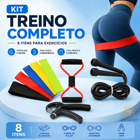 Kit Mini Band + Elastico Extensor + Corda Pula + Hand Grip Exercicio Em Casa Faixas Elástica