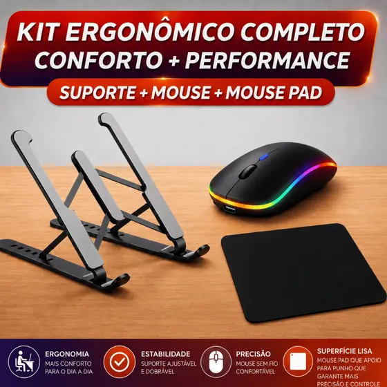 Kit Mouse Sem Fio+Suporte de Notebook+Mouse Pad