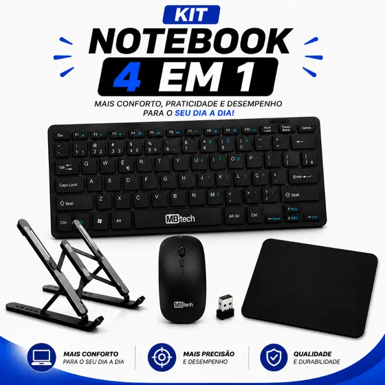 Kit Teclado Sem Fio + Mouse Sem Fio + Suporte Notebook + Mouse Pad