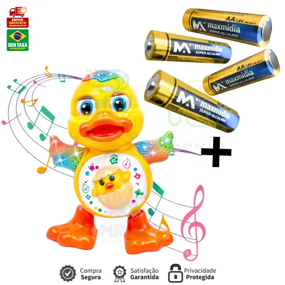 Patinho Musical  Pato Dançarino + 4 pilhas Brinquedo Musical Dança Anda Mexe Luz E Som