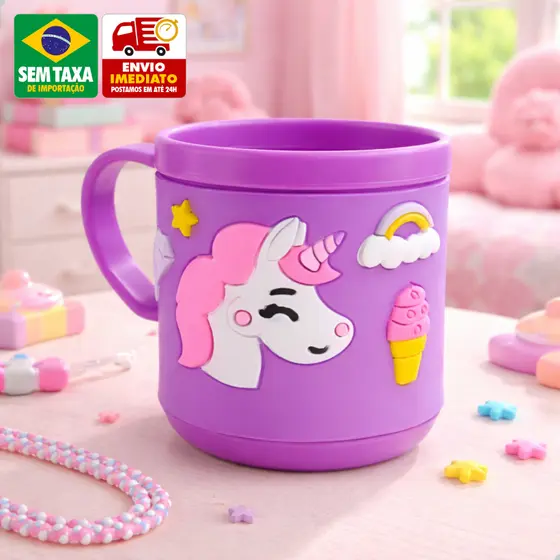 Caneca Infantil 3D 220ml Emborrachada Colorida Alto Relevo Criança Leite Suco Escola