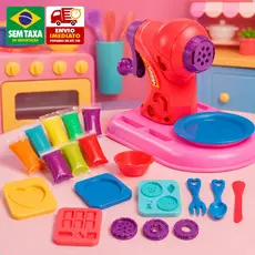 Kit Massinha de Modelar Comidinhas Infantil 21 Peças com Máquina Moldes e Talheres de Brinquedo
