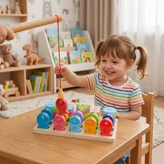 Jogo de Pesca Magnética Infantil em Madeira Prancha Educativa 19cm 32 peças com Peixinhos
