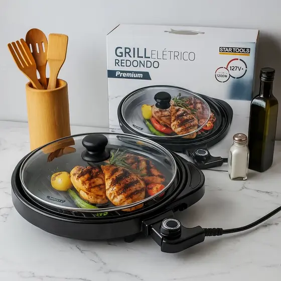 Grill Elétrico Redondo Premium com Termostato 220V 127V Preta Churrasco Sem Fumaça Cozinha