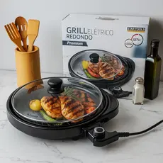 Grill Elétrico Redondo Premium com Termostato 220V 127V Preta Churrasco Sem Fumaça Cozinha