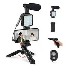 Tripé De Celular Youtuber Vlog Live c Microfone Ring Light Iluminador Integrado Fazer Vídeos e Vlog
