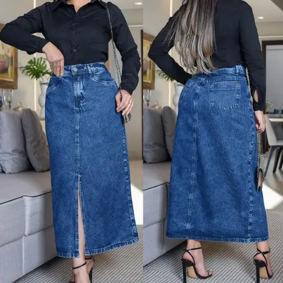 Saia Jeans Feminina Fenda Elegante 100% Algodão Moderna Moda Evangélica
