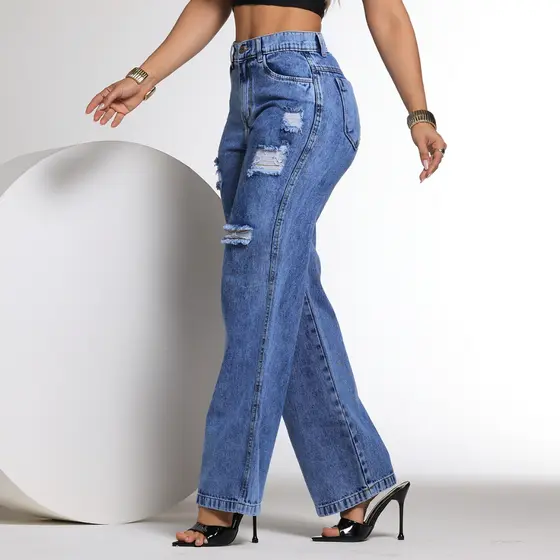 Calça Wide Leg Jeans Feminina Marmorizada  Cintura Alta 100% Algodão Premium