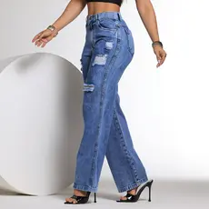 Calça Wide Leg Jeans Feminina Marmorizada  Cintura Alta 100% Algodão Premium