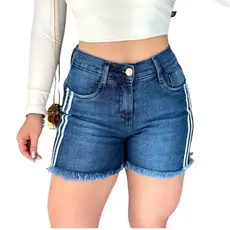 Short Jeans Feminino Cintura Alta Barra Desfiada Duas Listra Lateral Modela Corpo Casual Com Bolsos Na Frente