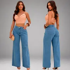 Calça Jeans Feminina Wide Leg Cintura Alta 100% Algodão Modeladora Premium Lavagem