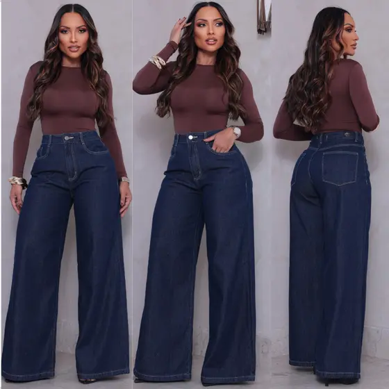 Cal莽a Jeans Pantalona Feminina Boca de Sino Cintura Alta Confort谩vel 100% Algod茫o Premium