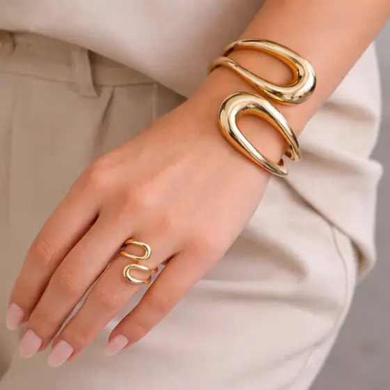 Conjunto Pulseira e Anel Feminino Ajustável Banhado a Ouro/Prata Estilo Moderno Elegante Moda Luxo