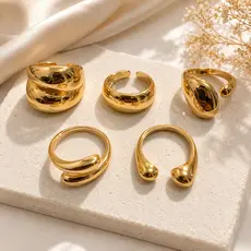 Kit 5 Anéis Ajustáveis Femininos Grossos Minimalista Luxo Moda Vintage Dourado e Prata